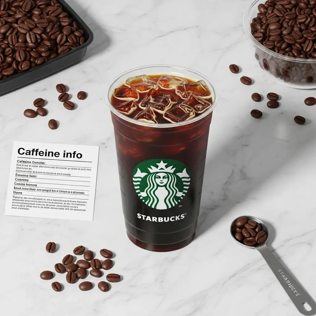 Starbucks iced coffee flat lay with caffeine info card and coffee beans