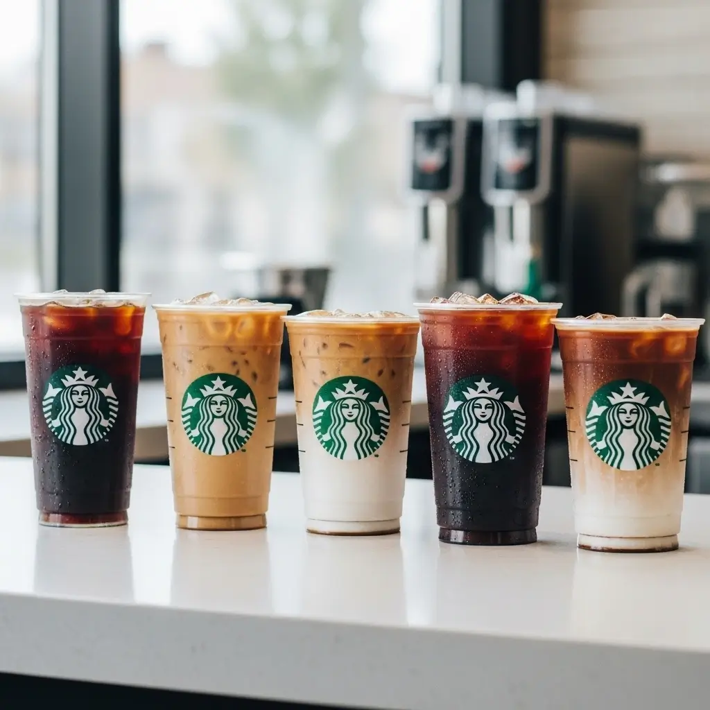 Lineup of Starbucks iced coffee types in different cup sizes with caffeine labels