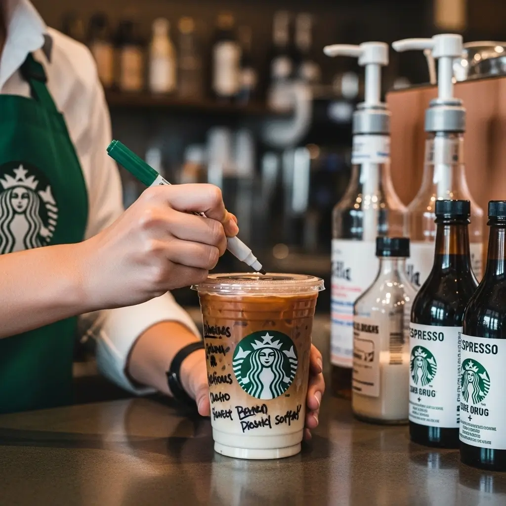 Starbucks iced coffee with custom caffeine options and barista notes
