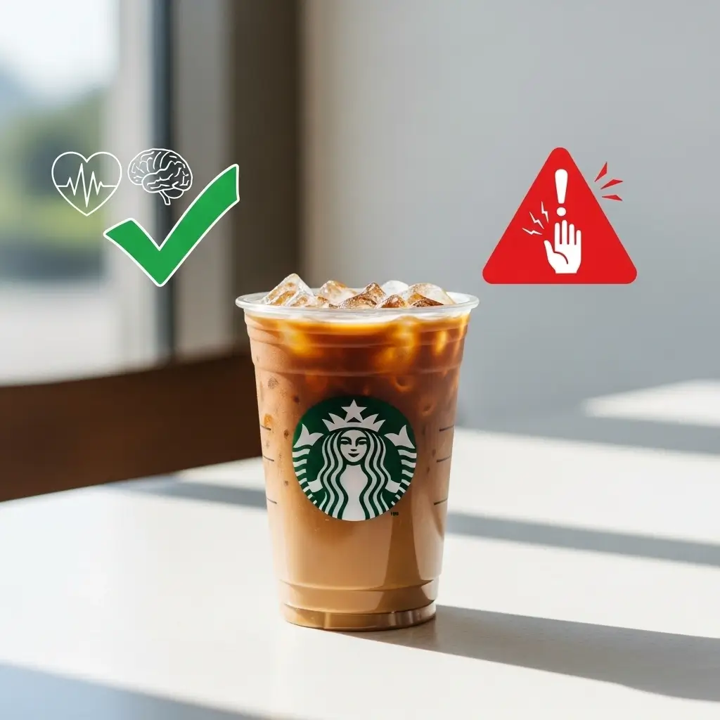 Starbucks iced coffee with health benefit and risk icons on both sides