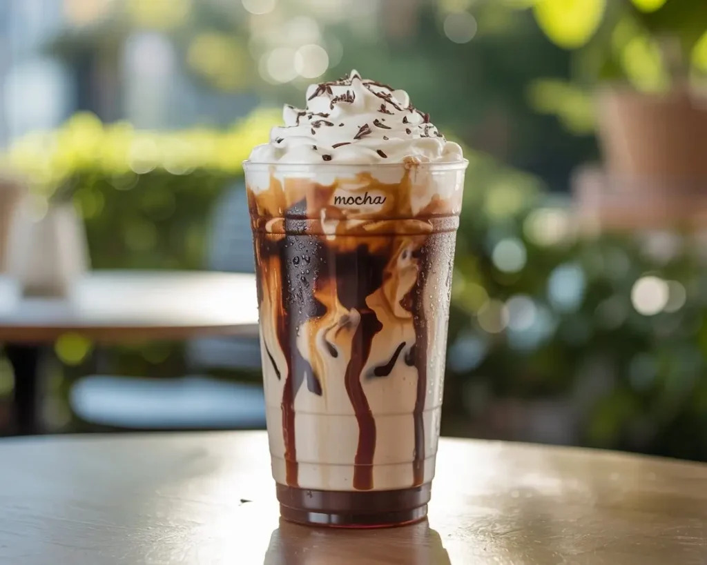 Starbucks-style mocha iced coffee with whipped cream and chocolate shavings on a summer background