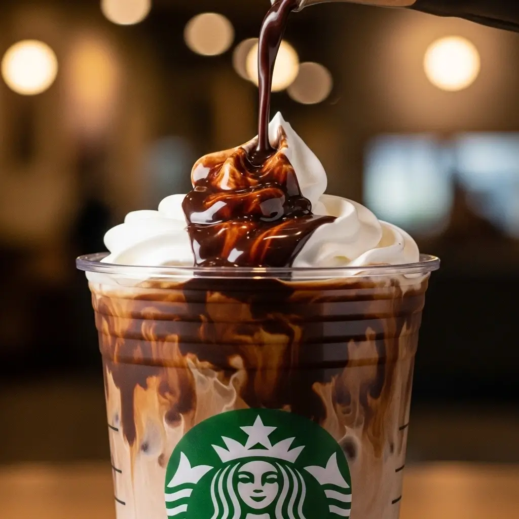 Starbucks mocha iced coffee being poured with swirling chocolate and espresso over ice