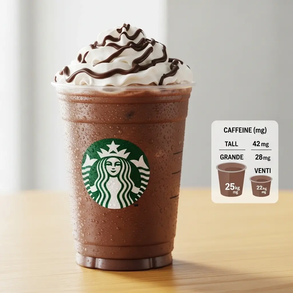Starbucks mocha iced coffee with caffeine content infographic overlay