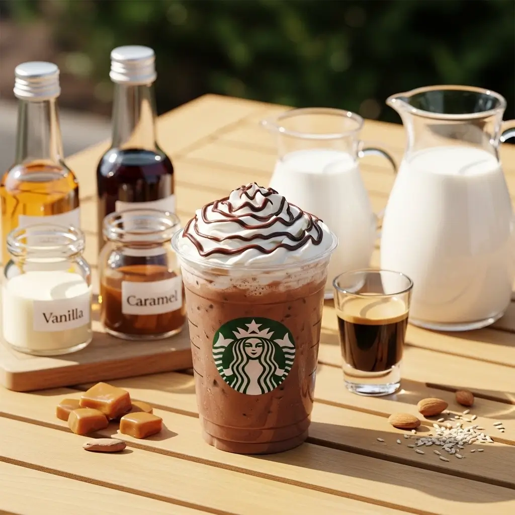 Starbucks mocha iced coffee with summer customization ingredients on outdoor table