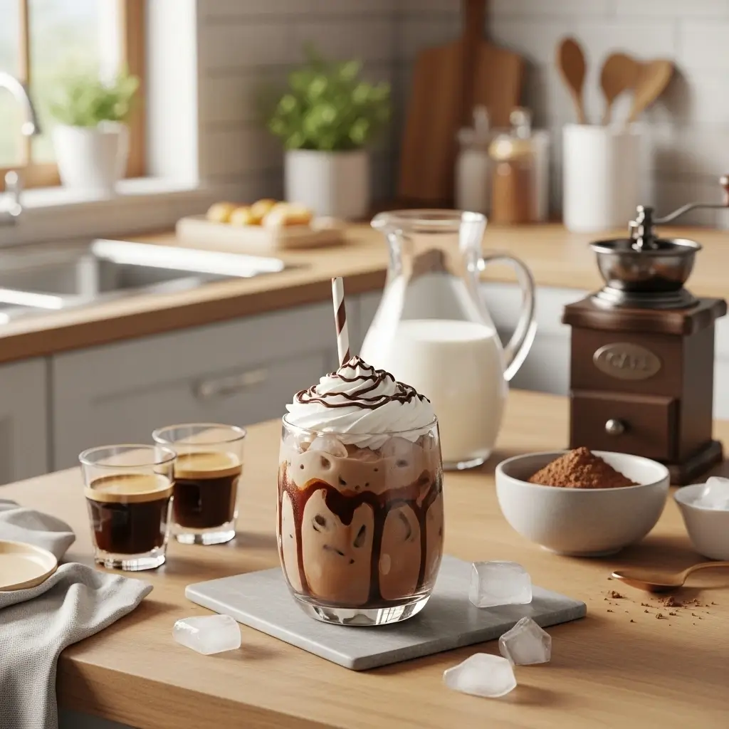 Homemade Starbucks mocha iced coffee with espresso shots and cocoa powder on kitchen counter