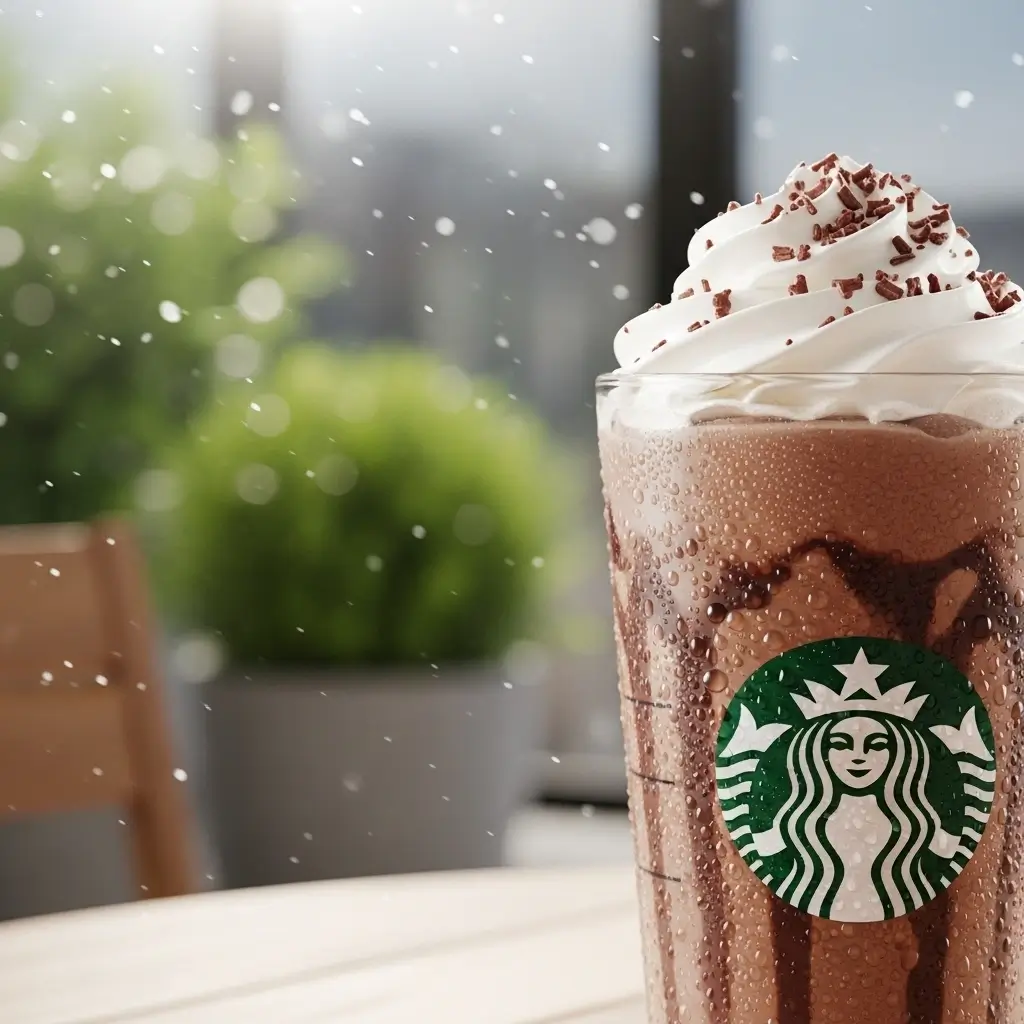 Starbucks mocha iced coffee with whipped cream and chocolate flakes on a sunny summer patio
