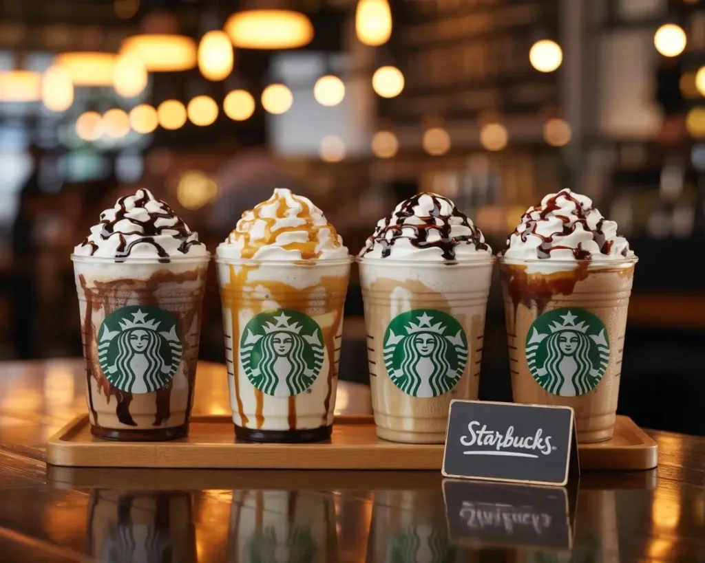 Assorted Starbucks coffee frappuccino flavors with whipped cream and toppings on a wooden table