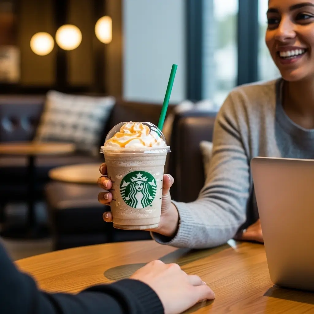 Person enjoying a Starbucks frappuccino in a cozy café setting with a friend