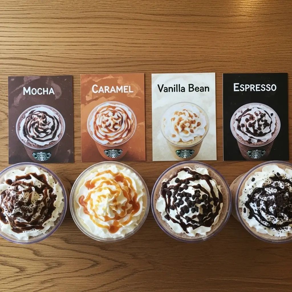Top-ranked Starbucks coffee frappuccino flavors in clear cups with labels and toppings