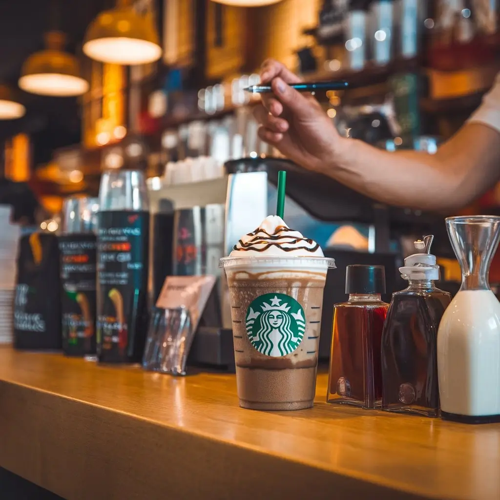 Barista customizing a Starbucks frappuccino with syrups and milk options on the counter