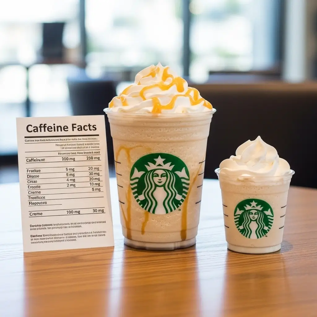 Starbucks frappuccino with caffeine content card and comparison to creme version