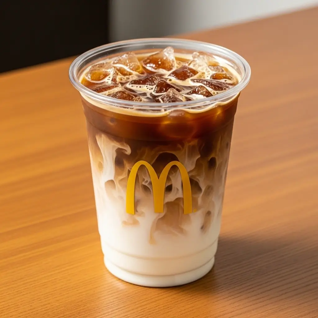 McDonald’s iced coffee with visible milk swirls and logo on a wooden table