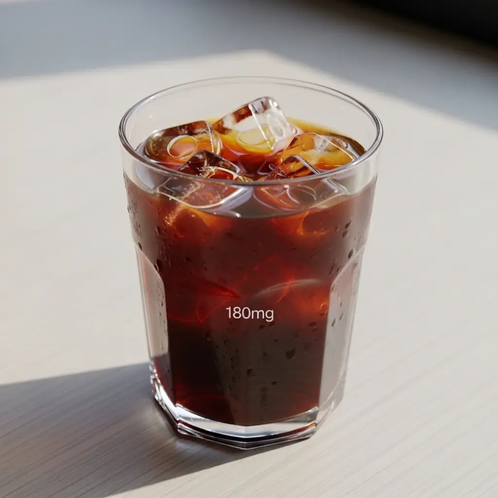 Iced coffee on a table with deep color and clear ice, symbolizing caffeine content
