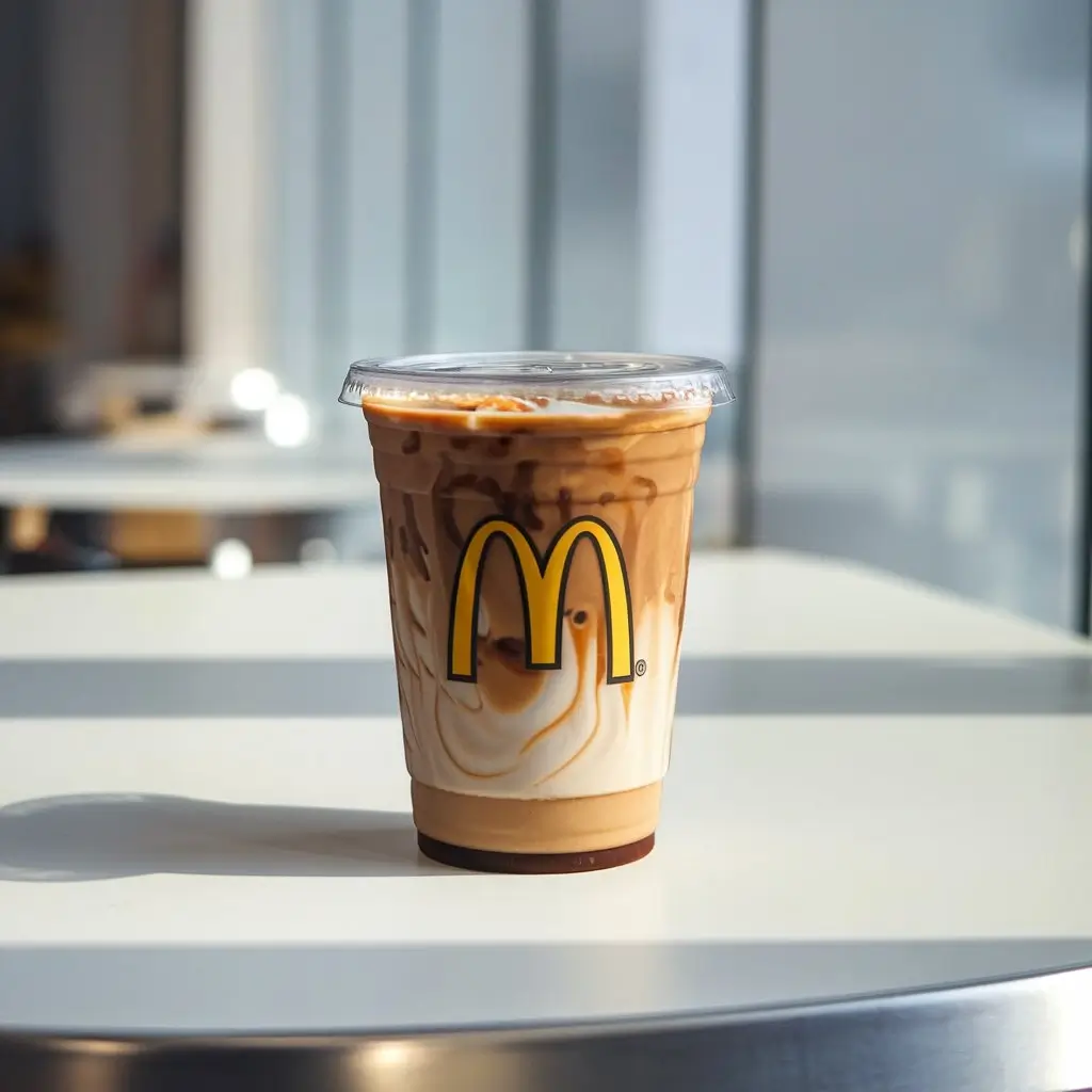 McDonald’s iced coffee with milk swirls and visible logo on a clean table in natural light