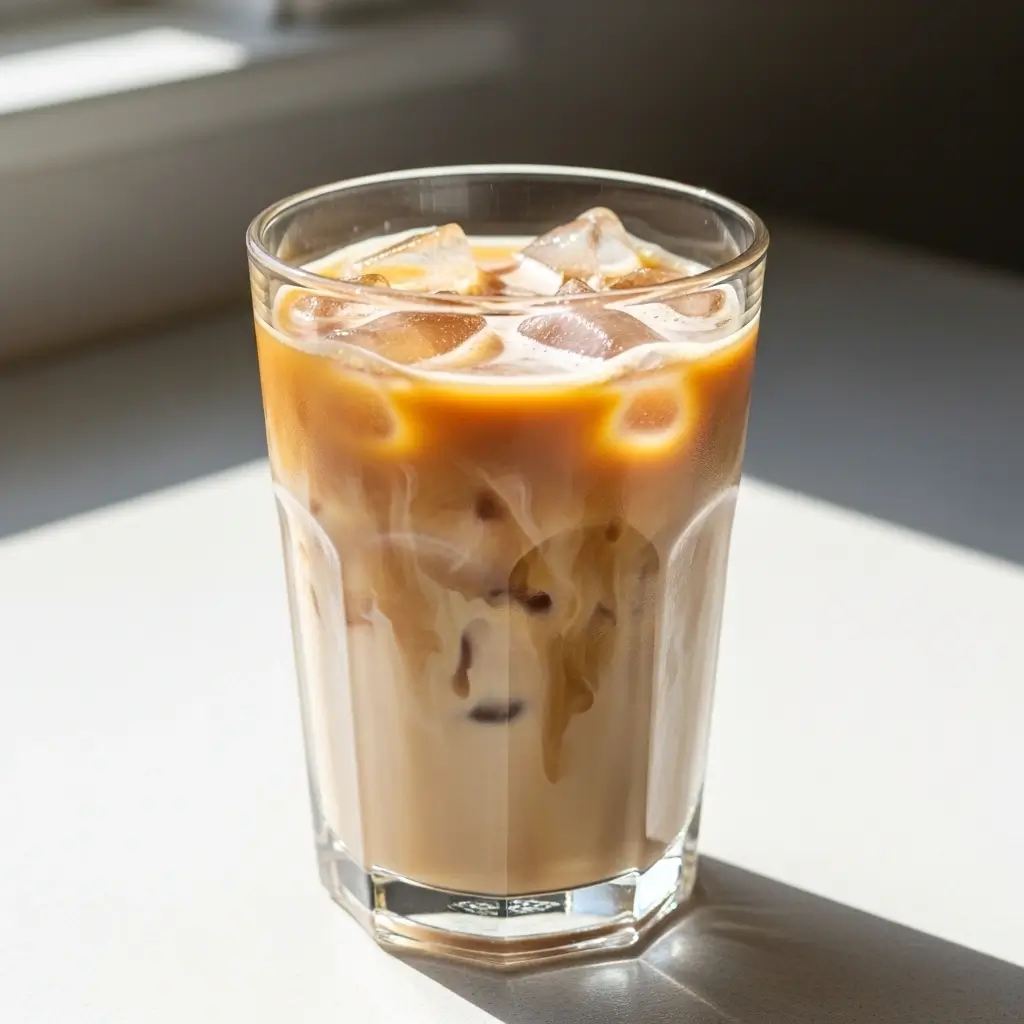 Homemade McDonald’s-style iced coffee in a clear glass with creamy swirls on a clean table