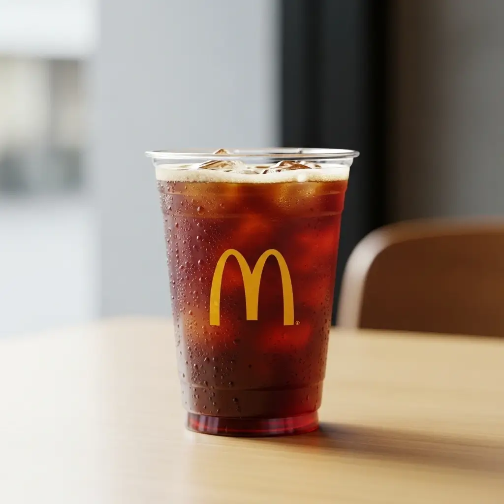 McDonald’s iced coffee on a café-style table with visible logo and clean lighting