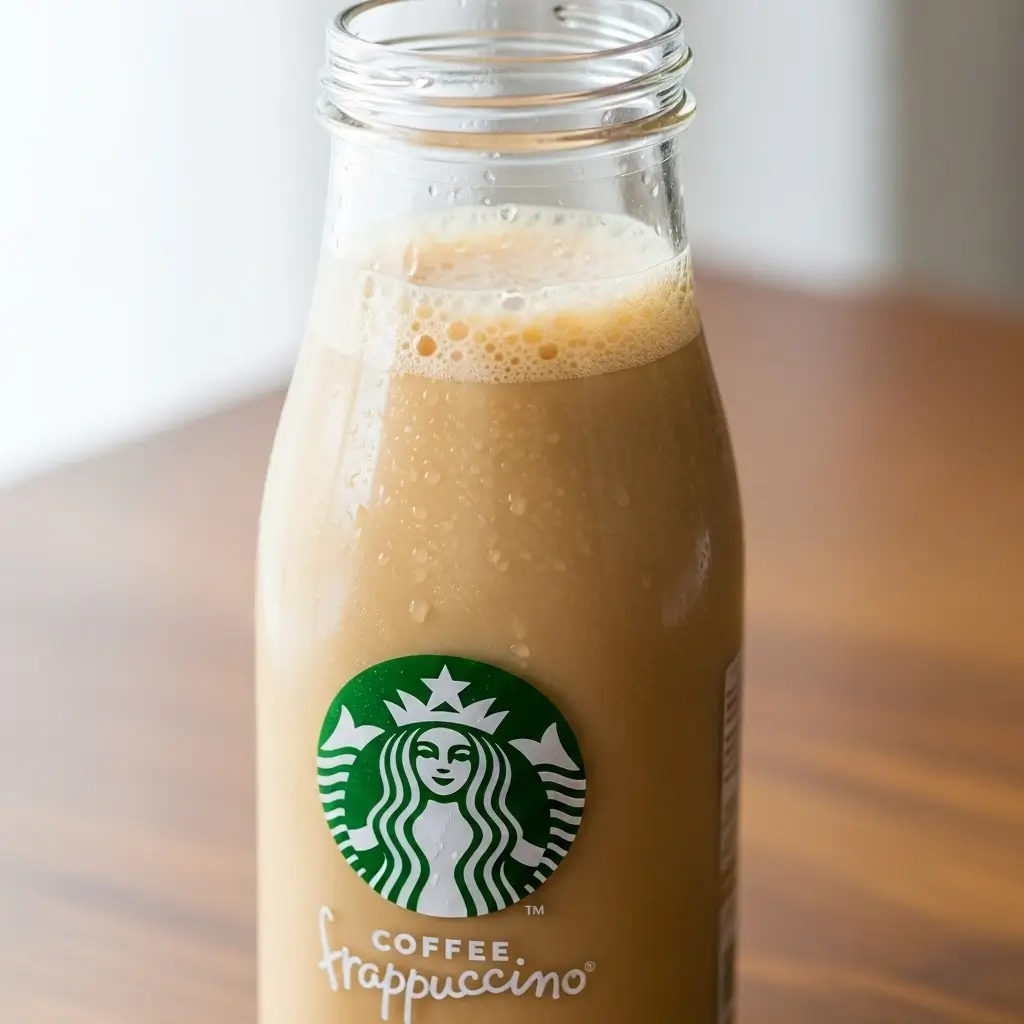 Starbucks Coffee Frappuccino bottle with visible logo and creamy coffee inside on wooden table