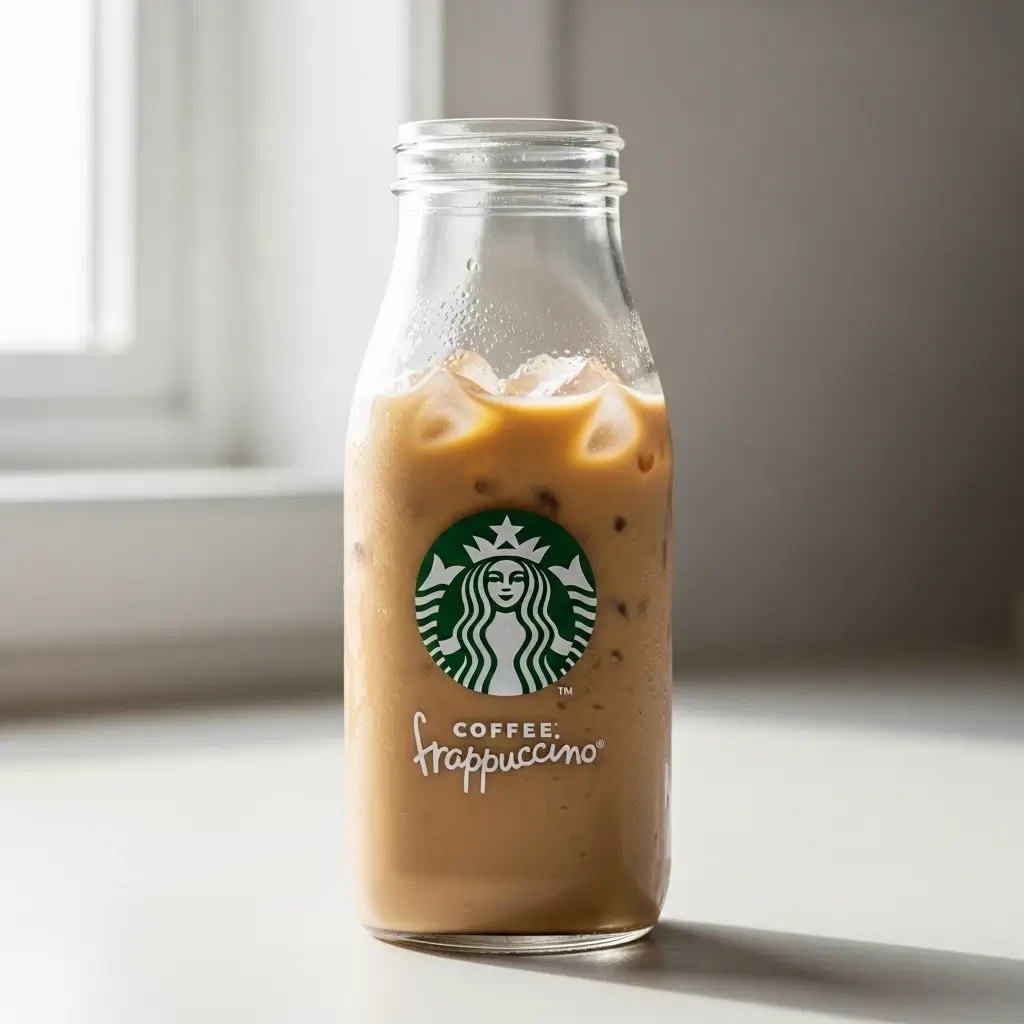 Starbucks Coffee Frappuccino bottle with visible logo and condensation on kitchen counter