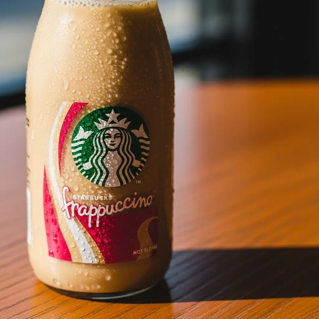 Starbucks bottled Frappuccino with visible logo and condensation on a wooden table