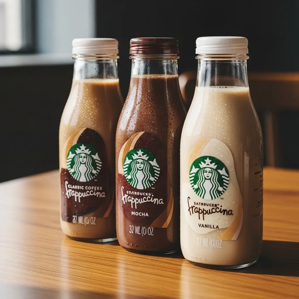 Three Starbucks bottled Frappuccinos of different flavors on a wooden table with visible logos