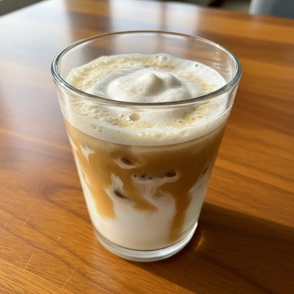 Homemade Starbucks-style coffee frappuccino in a clear glass on a wooden table