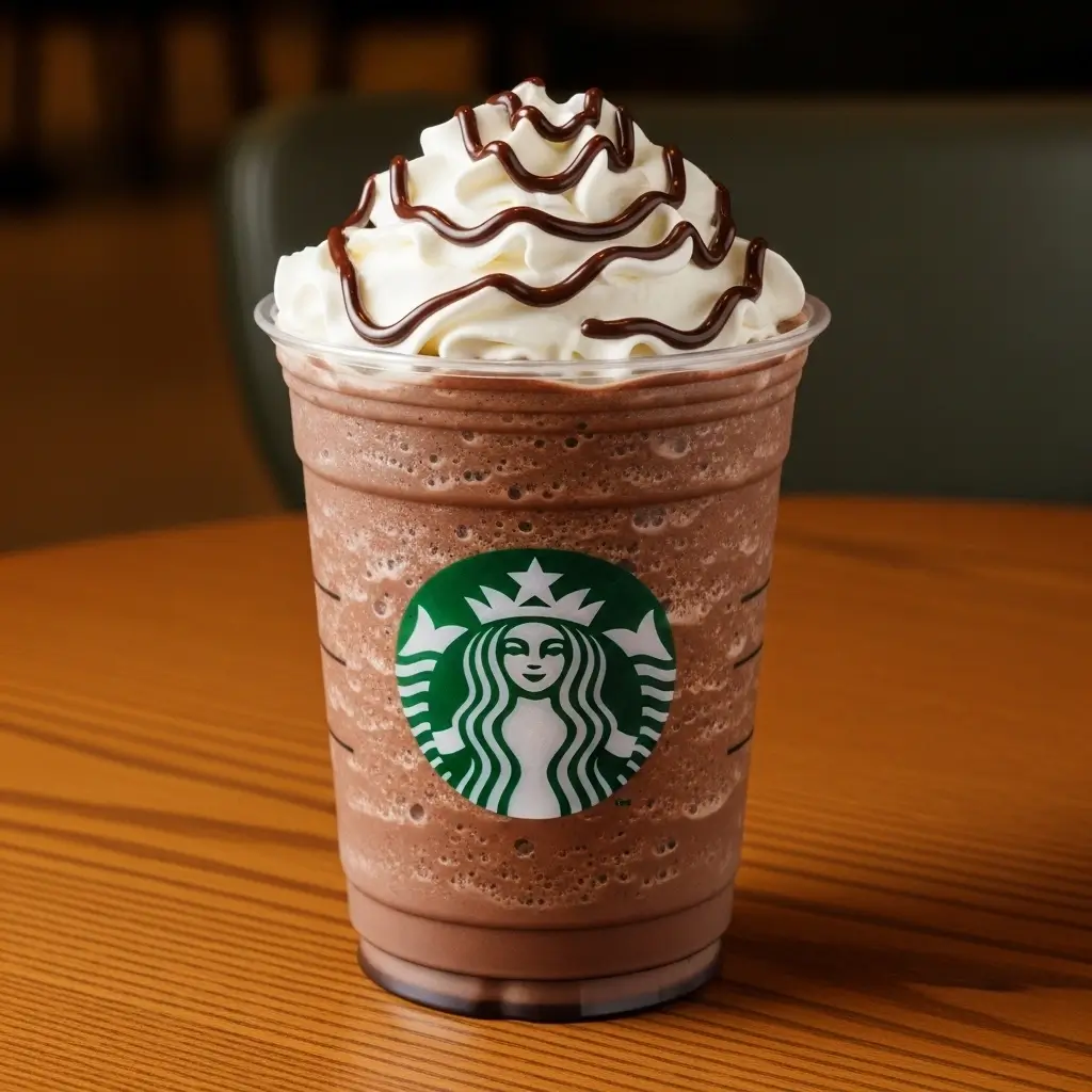 Starbucks Mocha Frappuccino with whipped cream and chocolate drizzle on a café table