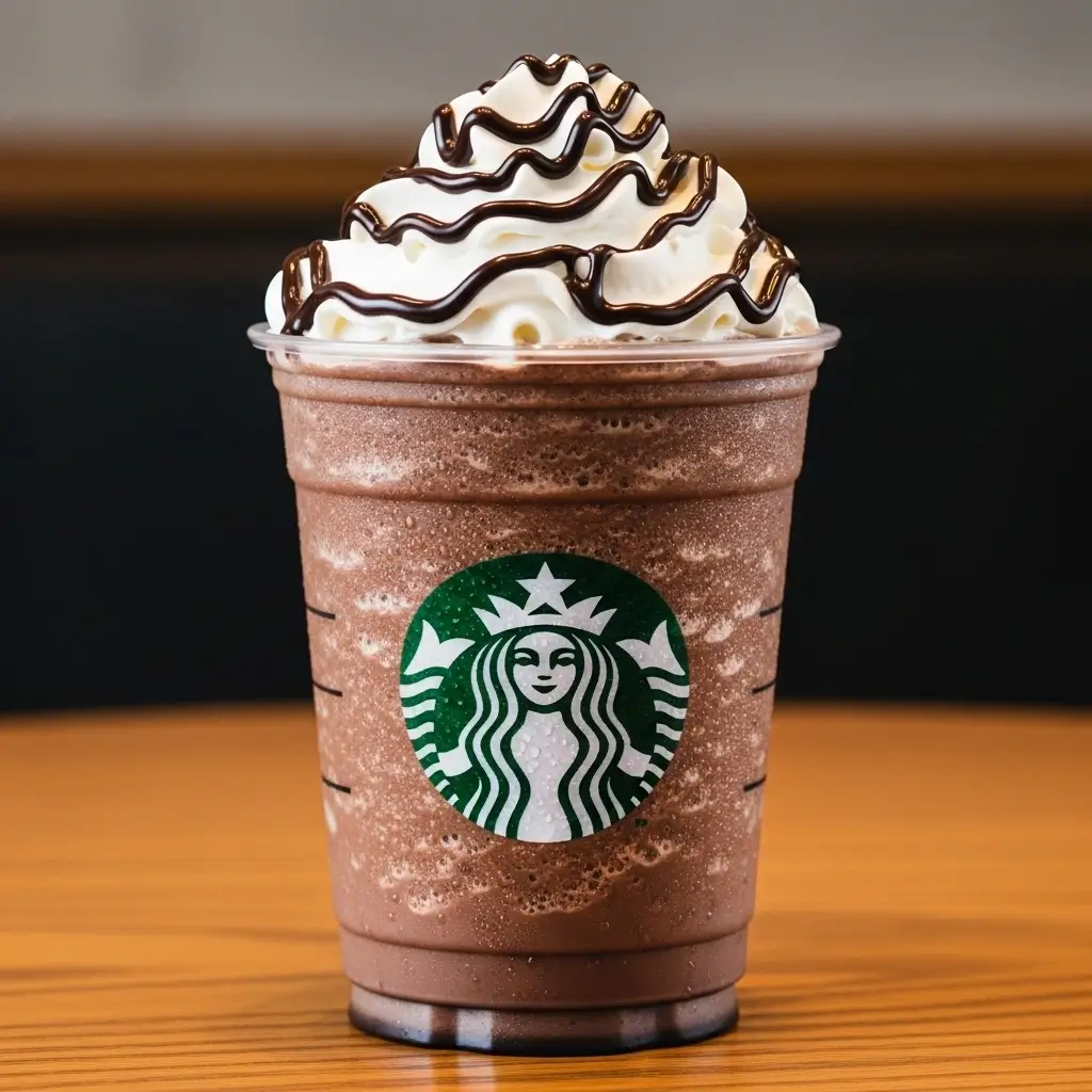 Starbucks Mocha Frappuccino with whipped cream and logo on a clean table under natural light