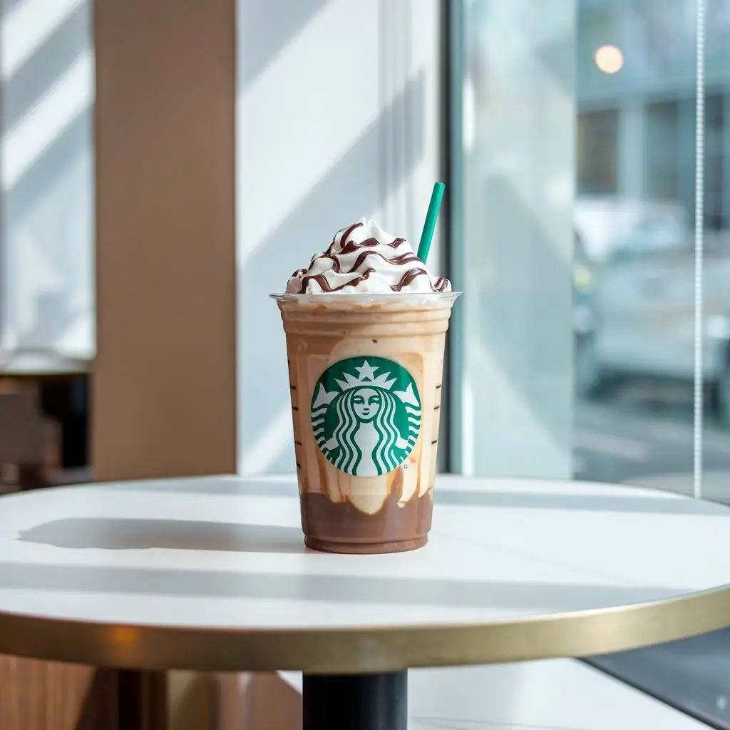 Starbucks Mocha Frappuccino with visible logo and light custom milk tone on a clean café table