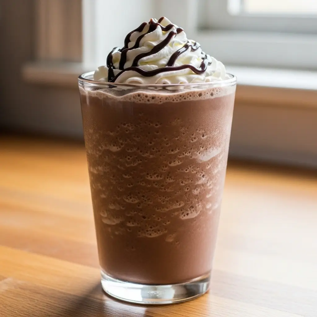 Homemade mocha frappuccino in a clear glass with whipped cream and chocolate drizzle on a table