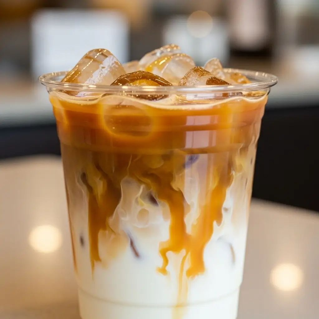 Iced caramel coffee with syrup layers and ice cubes in a clear plastic cup.