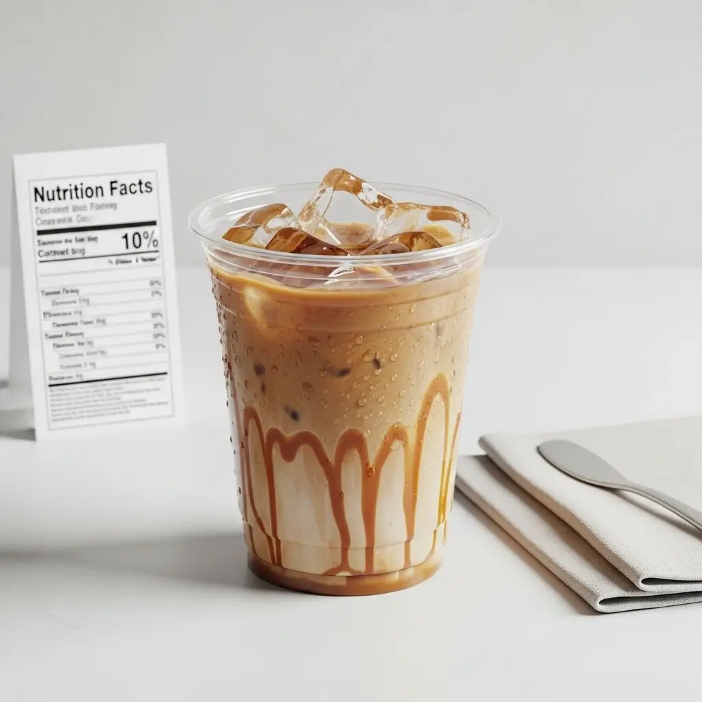 Iced caramel coffee in a clear cup with ice and a nutrition label in the background.