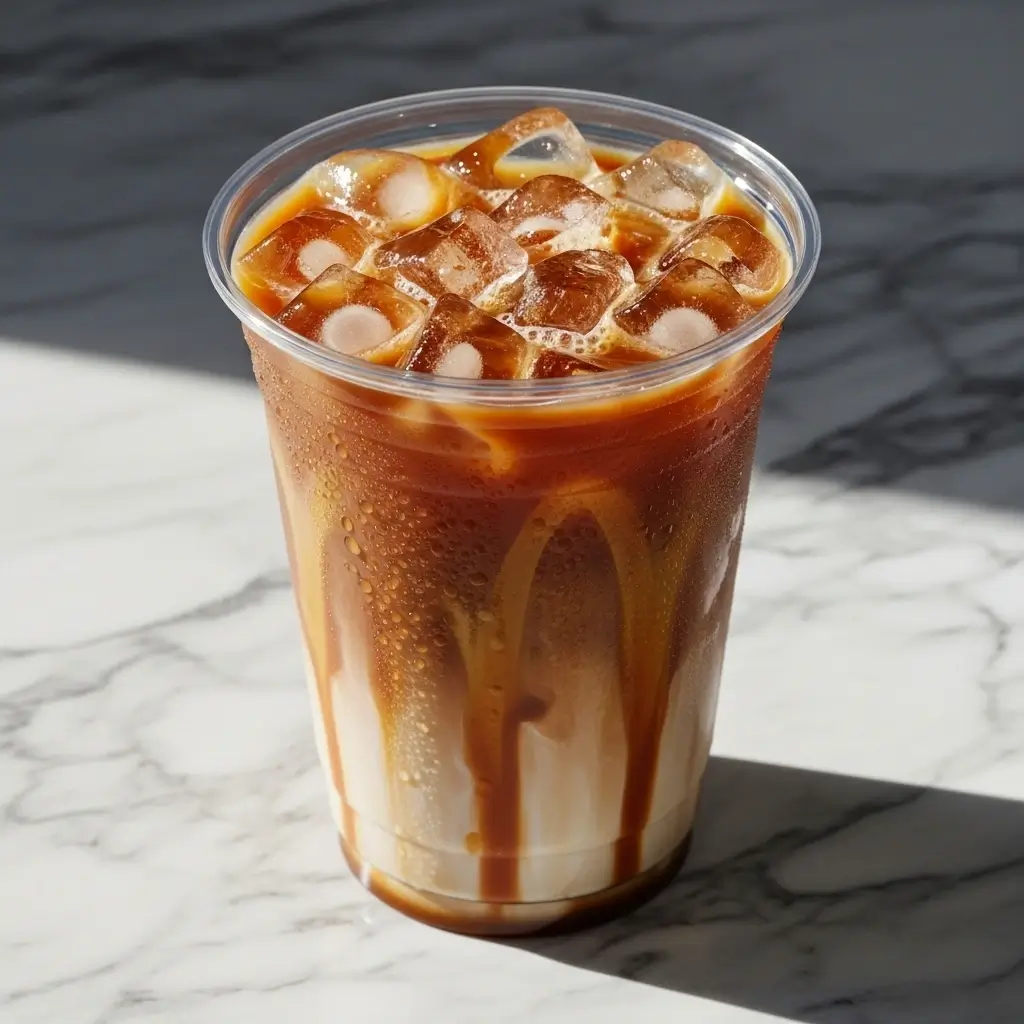 Iced caramel coffee with caramel swirls and ice in a clear cup on a marble surface.