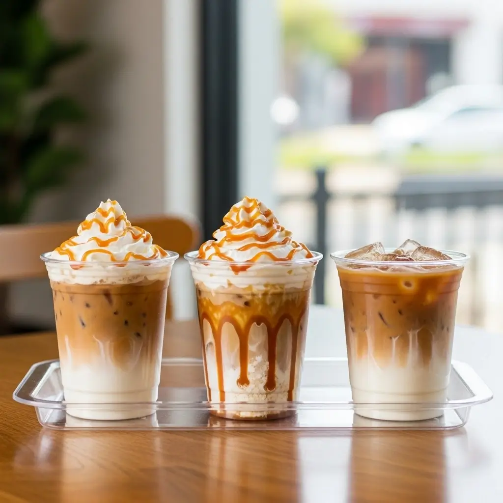 Three iced caramel coffee drinks in clear cups with different custom toppings and milk options.