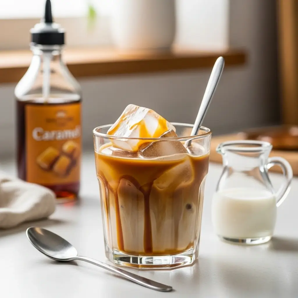 Homemade iced caramel coffee in a glass with caramel drizzle, milk, and syrup nearby.