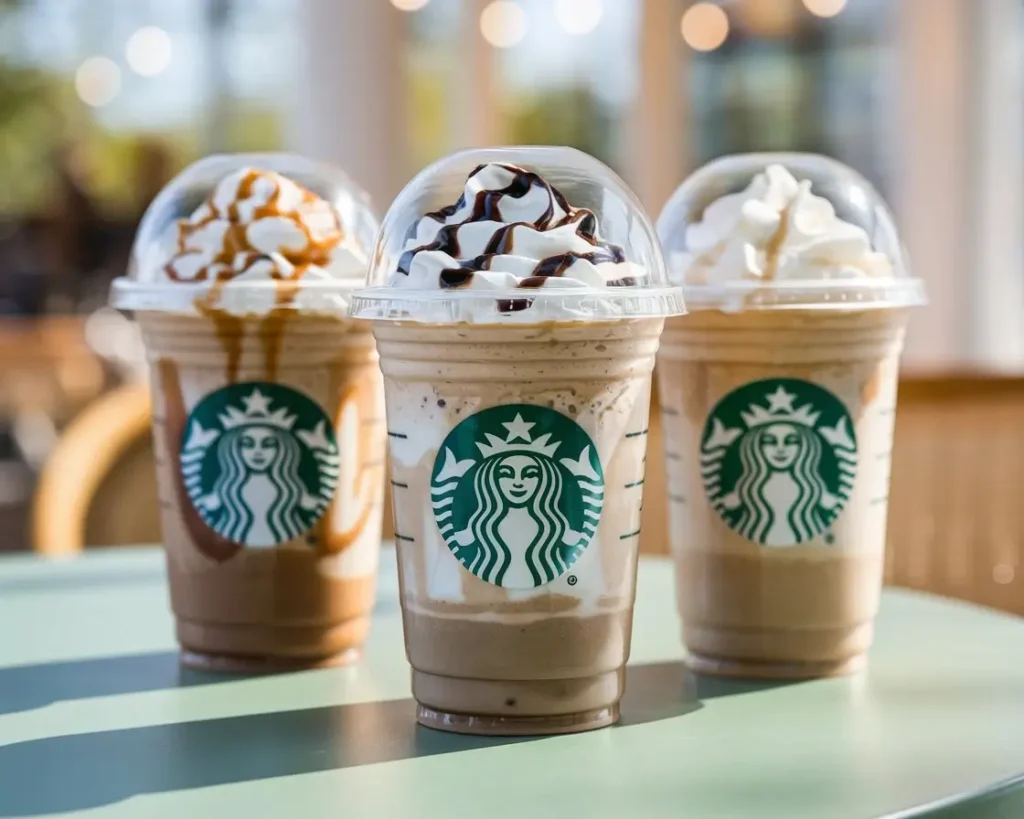Three coffee Frappuccino drinks with whipped cream and flavored drizzles in clear cups.
