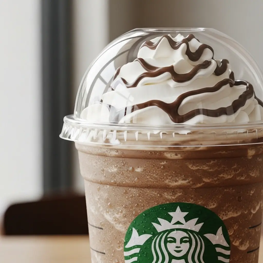 Close-up of a Starbucks-style coffee Frappuccino with whipped cream and mocha drizzle.