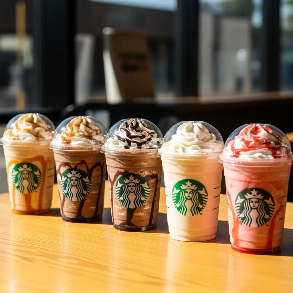 Five Starbucks-style coffee Frappuccinos with whipped cream and various flavored drizzles.