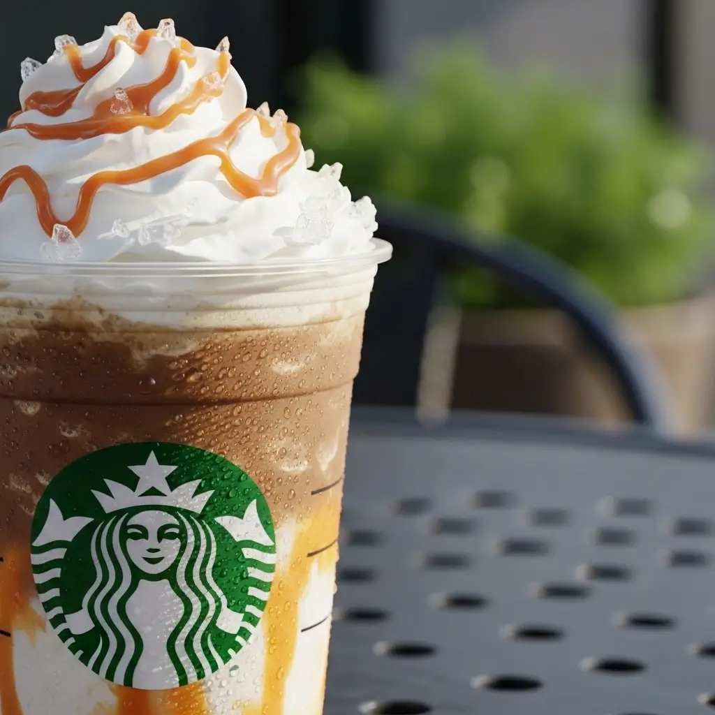 Starbucks-style coffee Frappuccino with whipped cream and caramel drizzle on a café table.