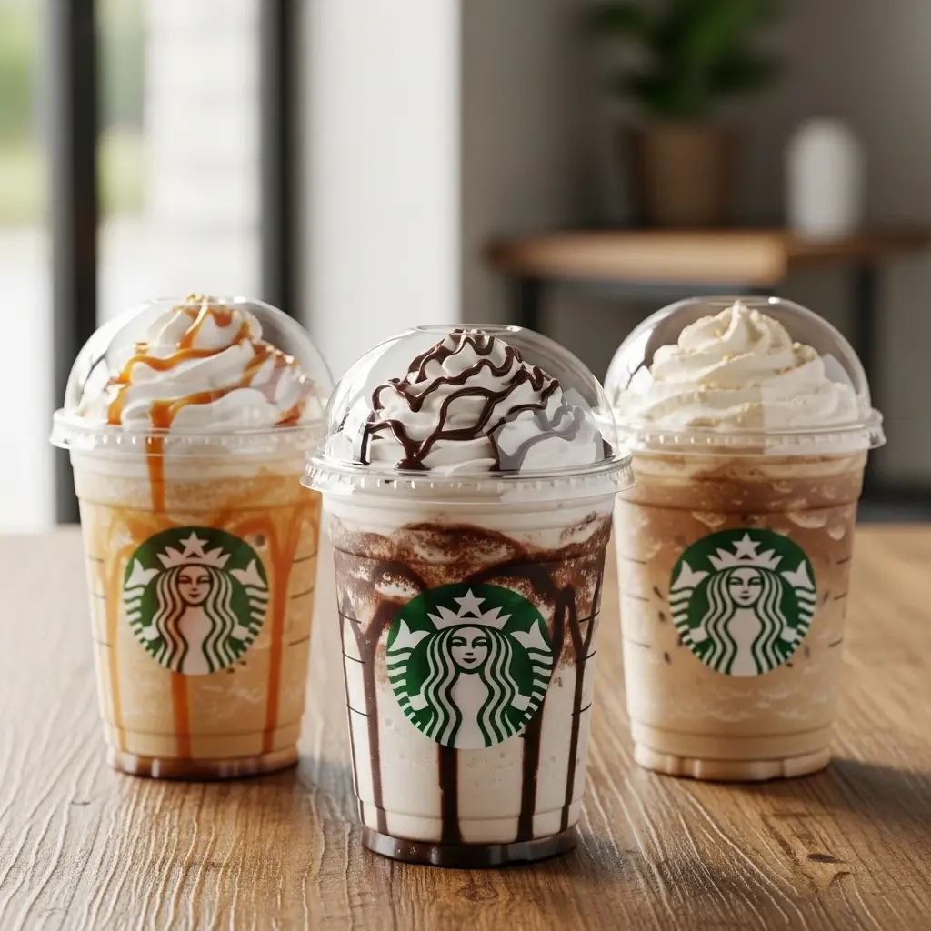 Three customized Starbucks-style coffee Frappuccinos with different toppings and milk options.