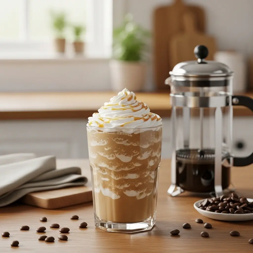 Homemade Starbucks-style coffee Frappuccino in a glass with whipped cream and caramel drizzle on a kitchen counter.