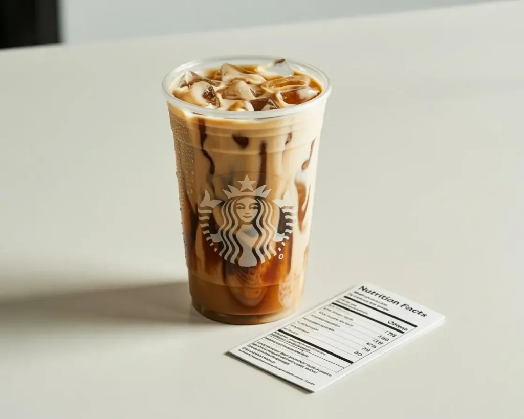 Starbucks iced coffee in a clear cup with the Starbucks logo and nutrition facts card.