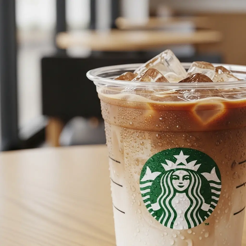 Starbucks iced coffee in a clear plastic cup with milk swirls and visible Starbucks logo.