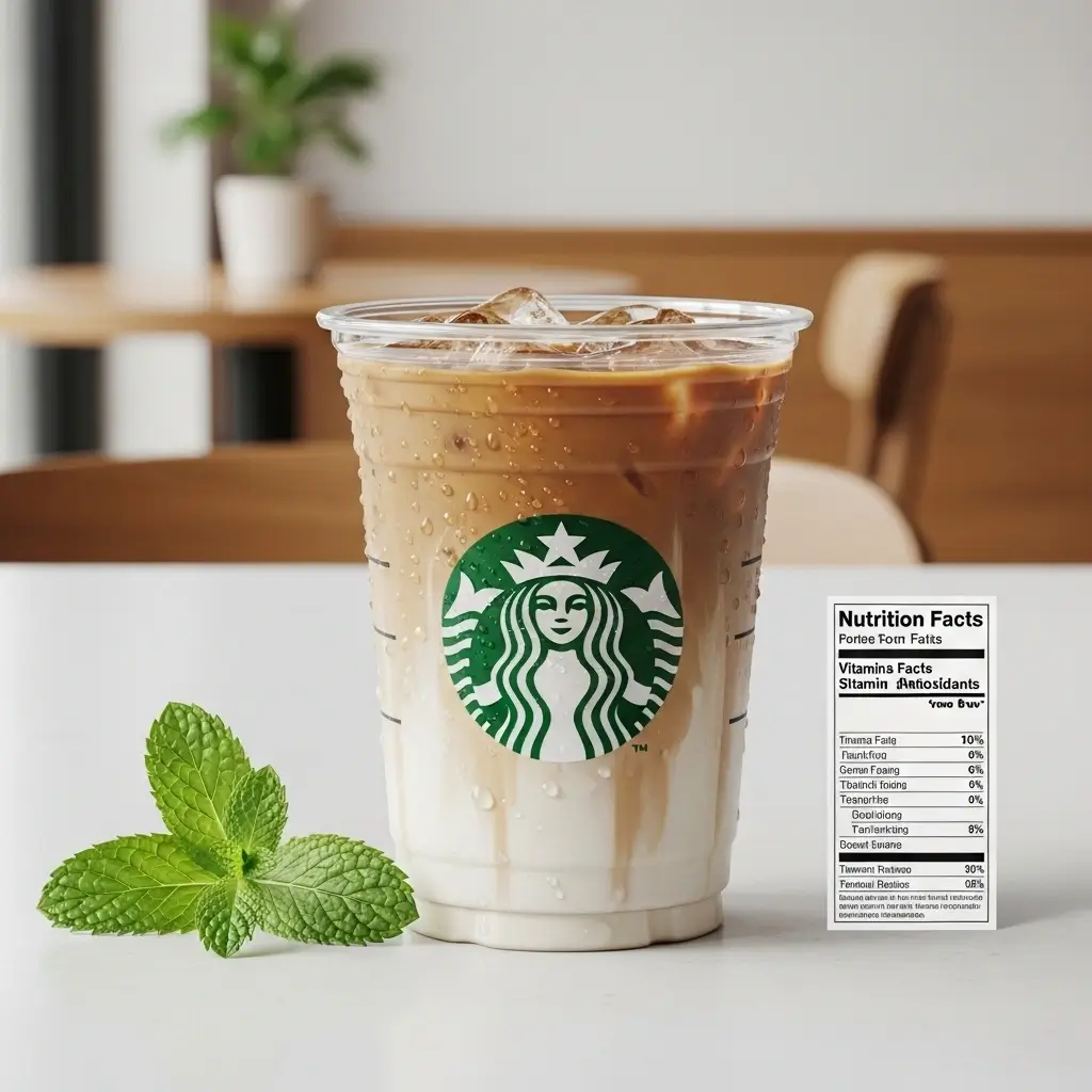 Starbucks iced coffee with mint leaves and a nutrition facts card highlighting health benefits.