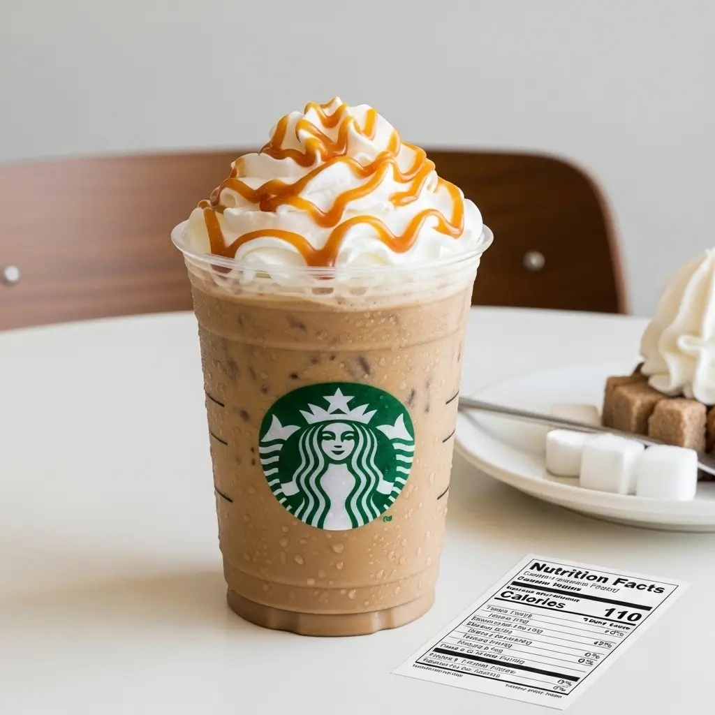 Starbucks iced coffee with whipped cream, caramel drizzle, sugar cubes, and nutrition facts card.