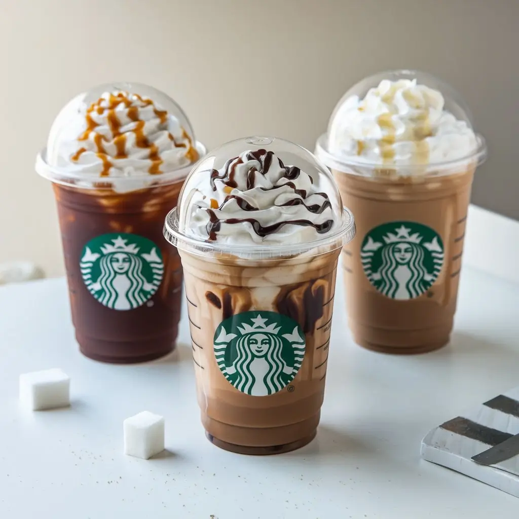 Three Starbucks iced coffees with whipped cream, caramel, mocha, and vanilla drizzles, and sugar cubes nearby.