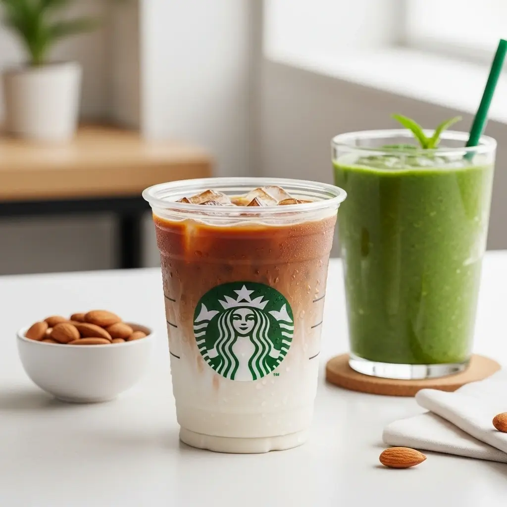 Starbucks iced coffee with almond milk alongside a green smoothie and almonds.
