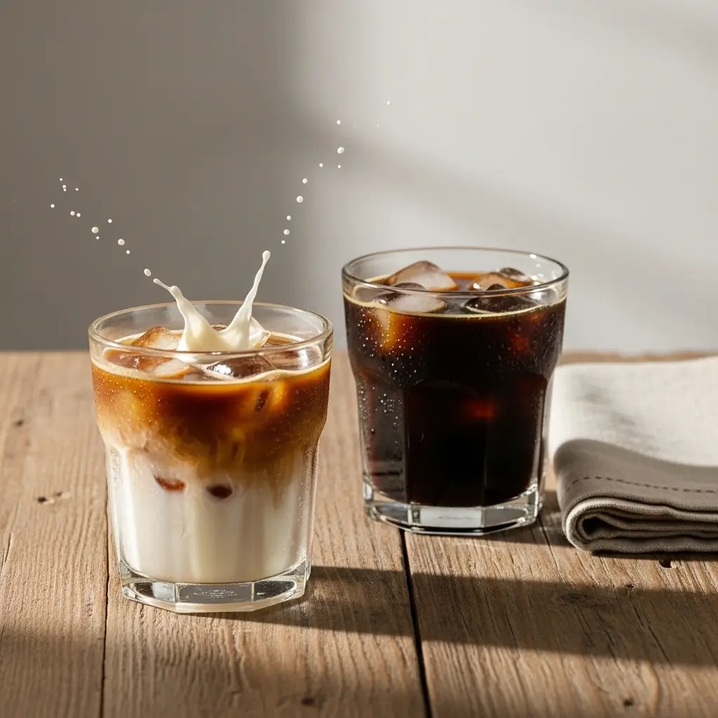 Two classic iced coffee drinks in clear glasses, one black and one with cream, on a wooden table.