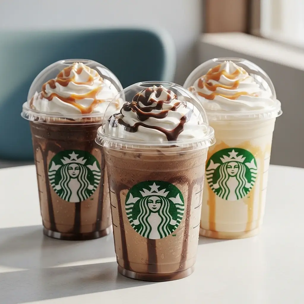 Three sweet Starbucks iced coffees with whipped cream and caramel, mocha, and vanilla drizzles.