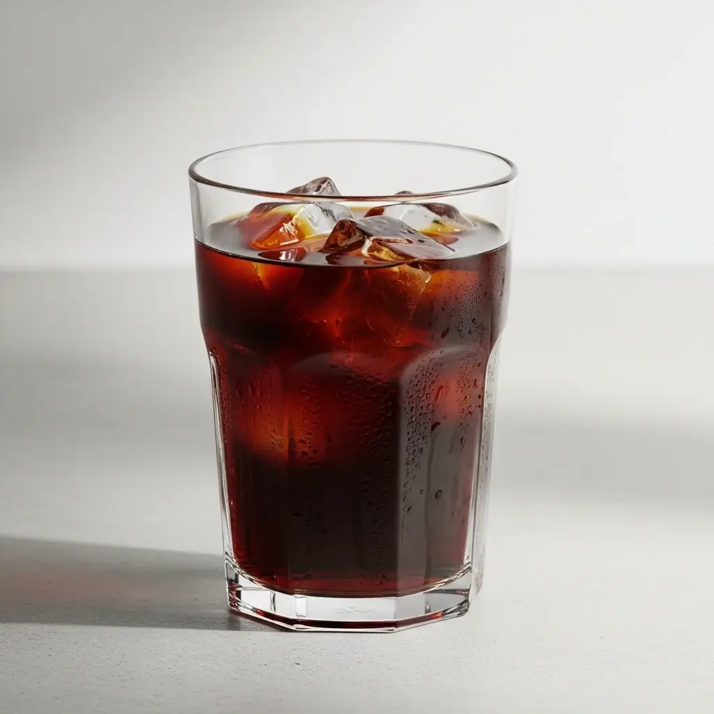 Tall clear glass of cold brew coffee with ice cubes and condensation on a concrete countertop.