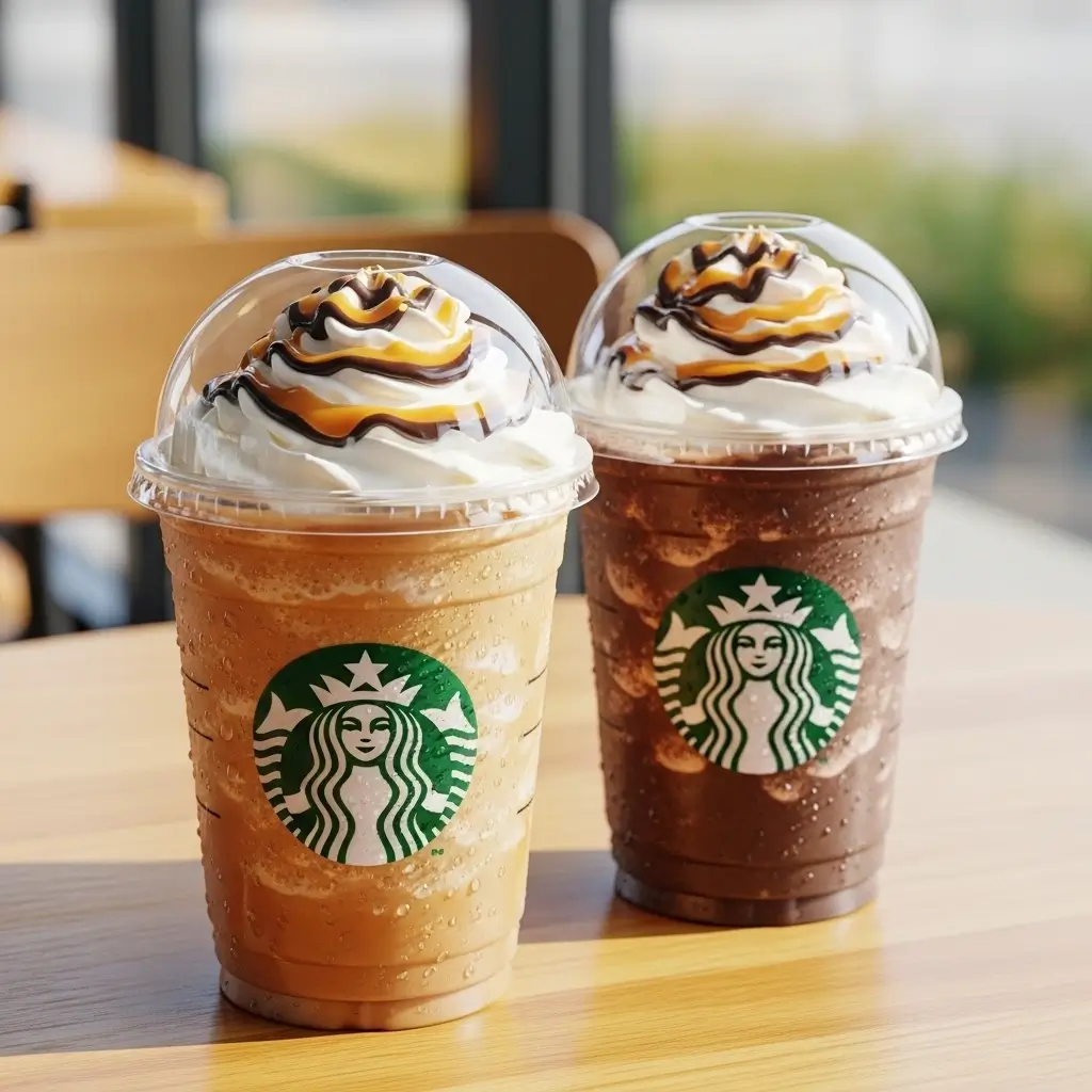 Two Starbucks-style frappuccino iced coffees with whipped cream and caramel and chocolate drizzles.